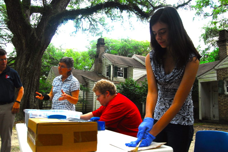 Students and Professors sort through items outside